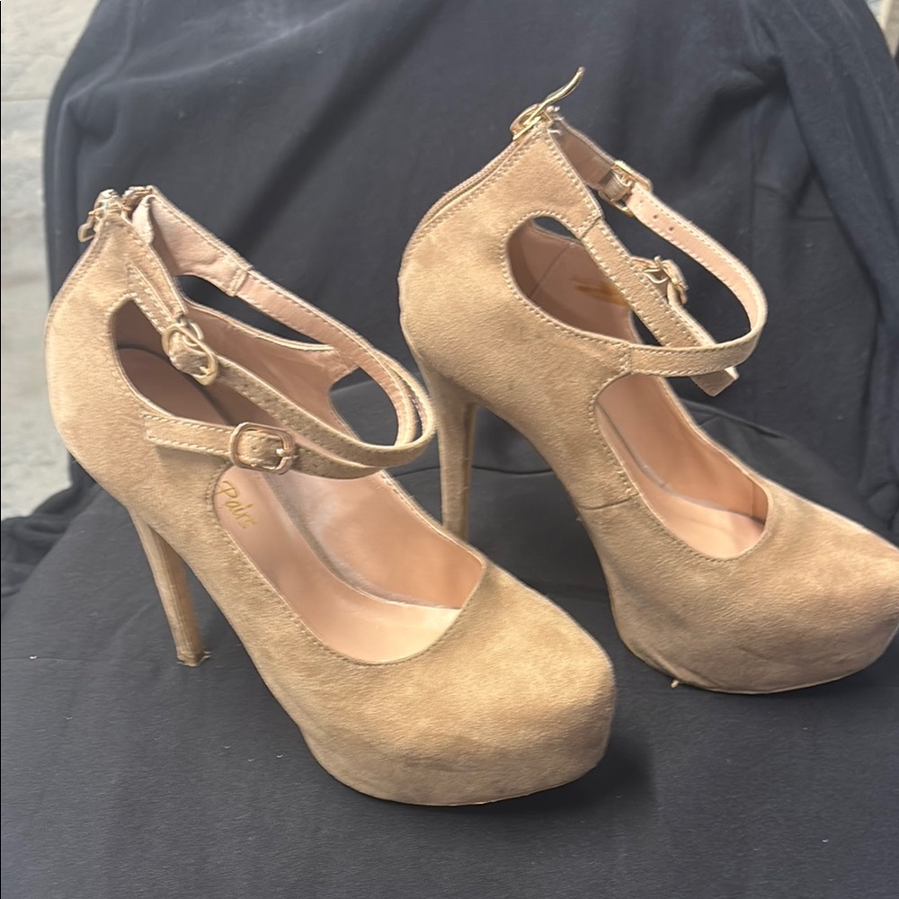 Bebe Tan Stiletto Heels with Ankle Strap